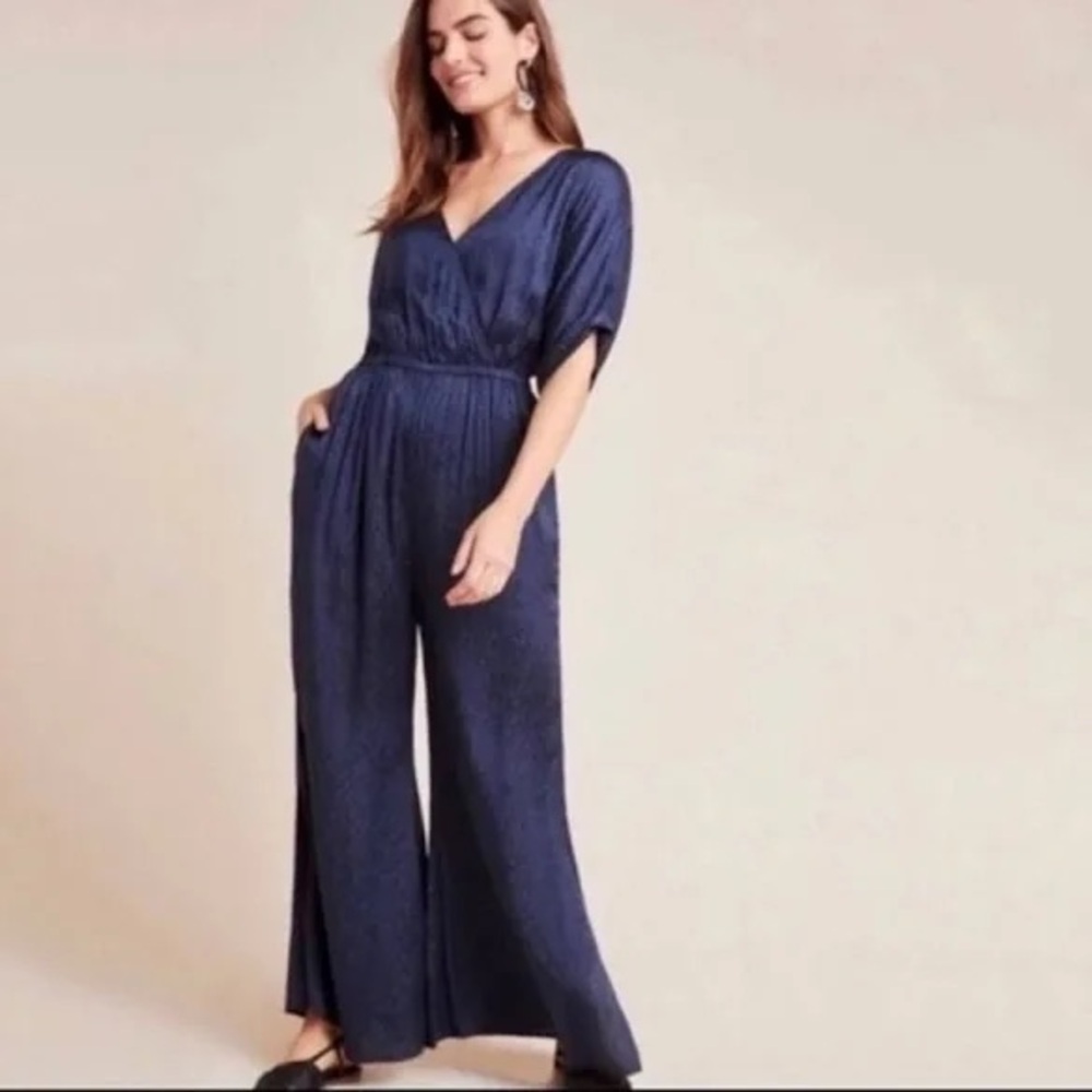 Anthropologie Blue V-Neck Jumpsuit with Dolman Sleeves